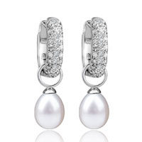 Sterling Silver Jewelry - crystal hoop dangling pearl earrings Image.