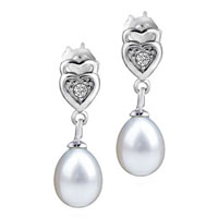 Sterling Silver Jewelry - crystal heart dangling pearl with rhinestone earrings Image.