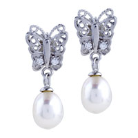 Sterling Silver Jewelry - pearl and crystal filigree butterfly earrings Image.