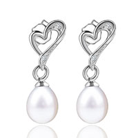 Sterling Silver Jewelry - slide heart dangling pearl earrings Image.