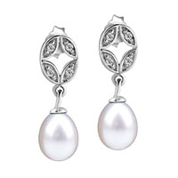 Sterling Silver Jewelry - crystal silver oval and dangling pearl earrings Image.