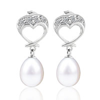 Sterling Silver Jewelry - crystal heart dangling pearl earrings Image.