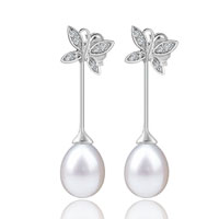 Sterling Silver Jewelry - dangle pearl crystal butterfly earrings Image.