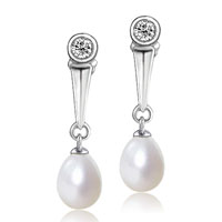 Sterling Silver Jewelry - dangle pearl silver stick one rhinestone earrings Image.