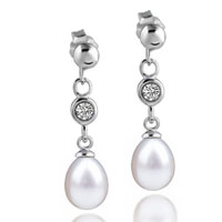 Sterling Silver Jewelry - dangle pearl crystal chain earrings Image.