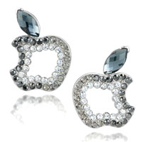 EA_ML01: apple with clear and gray detailed crystal and morion crystal leaf stud earrings Image.