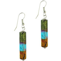 Murano Glass Jewelry - dangle turquoise green and orange cylinder earrings Image.