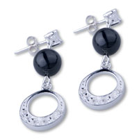 Sterling Silver Jewelry - dangle crystal hoop and black gemstone 925 sterling silver earrings Image.