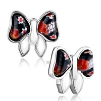 Murano Glass Jewelry - silver tone butterfly with white flower millefiori murano glass stud earrings Image.