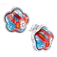 Murano Glass Jewelry - pale blue and white flower millefiori murano glass stud earrings Image.