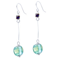 Murano Glass Jewelry - golden rectangular inlay pale green ball earrings Image.