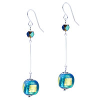 Murano Glass Jewelry - golden rectangular inlay blue and turquoise ball earrings Image.
