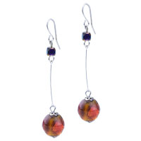 Murano Glass Jewelry - red glitter rectangular inlay amber ball earrings Image.
