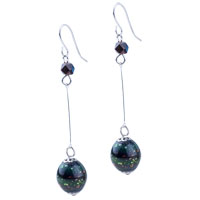 Murano Glass Jewelry - golden and green glitter powder black ball earrings Image.