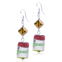 Murano Glass Jewelry - red silver green and amber stripes rectangular earrings Image.