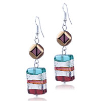 Murano Glass Jewelry - pale blue silver and pink stripes rectangular earrings Image.
