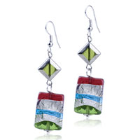 Murano Glass Jewelry - bean red silver pale blue and green rectangular earrings Image.