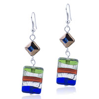 Murano Glass Jewelry - pale green silver red and blue stripes rectangular earrings Image.