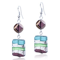 Murano Glass Jewelry - silver pale green and light green stripes rectangular earrings Image.