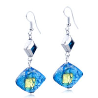 Murano Glass Jewelry - silver foil blue and golden dichroic glass earrings Image.