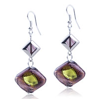 Murano Glass Jewelry - golden speckle bean red dichroic glass earrings Image.
