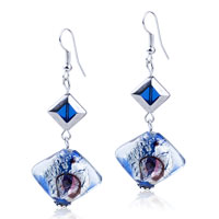 Murano Glass Jewelry - silver foil blue and red speckles dichroic glass earrings Image.