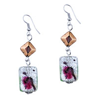 Murano Glass Jewelry - silver foil green and red spots dichroic glass earrings Image.