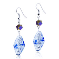 Murano Glass Jewelry - silver foil blue flower translucent earrings Image.