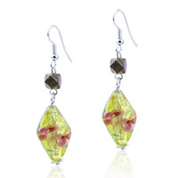 Murano Glass Jewelry - silver foil pink flower yellow translucent earrings Image.