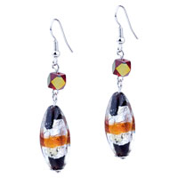 Murano Glass Jewelry - black silver and orange stripes earrings Image.