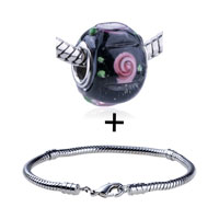 Pugster Gift Center - rose accented black and white murano glass european bead bracelet combination Image.