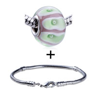 Pugster Gift Center - pink murano green lines pattern european bead bracelet combination Image.