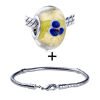 Pugster Gift Center - gold foil blue texture flower translucent yellow murano glass european bead bracelet combination Image.
