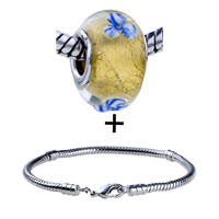Pugster Gift Center - gold foil white and blue flower translucent murano glass european bead bracelet combination Image.