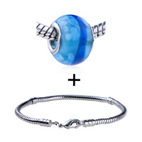 Pugster Gift Center - sea blue wave line and white dots translucent murano glass european bead bracelet combination Image.
