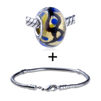 Pugster Gift Center - gold foil brown crisscross line and blue dots translucent murano glass european bead combination Image.