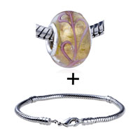 Pugster Gift Center - gold foil pink seaweed translucent murano glass european bead bracelet combination Image.