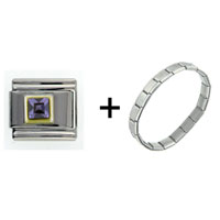 Pugster Gift Center - october pink tourmaline color birthstone square combination italian charm bracelet Image.
