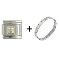 Pugster Gift Center - april diamond color with golden birthstone square combination italian charm bracelet Image.