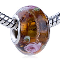 European Beads - pink rose decorated green leaf and golden powder translucent murano glass european beads Image.