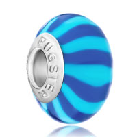 European Beads - bule and pale blue stripes polymer clay beads charms bracelets Image.