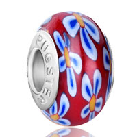 European Beads - pale blue yellow flower against red polymer clay beads charms bracelets Image.
