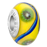 European Beads - yellow with blue ribbon and green flower all brands murano glass beads charms bracelets Image.