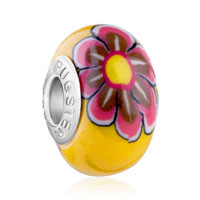 European Beads - pink and brown daisy yellow polymer clay beads charms bracelets Image.