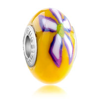 European Beads - yellow with purple and white flower polymer clay all brands beads charms bracelets Image.