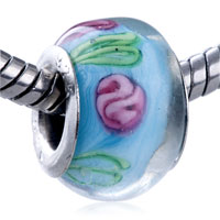 GB_QX10: pink rose green leaf blue murano glass european beads Image.