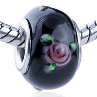 European Beads - pink flower and green texture leaf murano glass european beads Image.