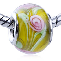 European Beads - pink rose pale green leaf translucent murano glass european beads Image.