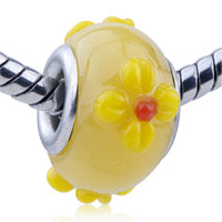GB_YW3: yellow petal red pistil texture flower murano glass european beads Image.