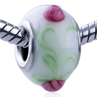 European Beads - pink texture flower and green leaf murano glass european beads Image.